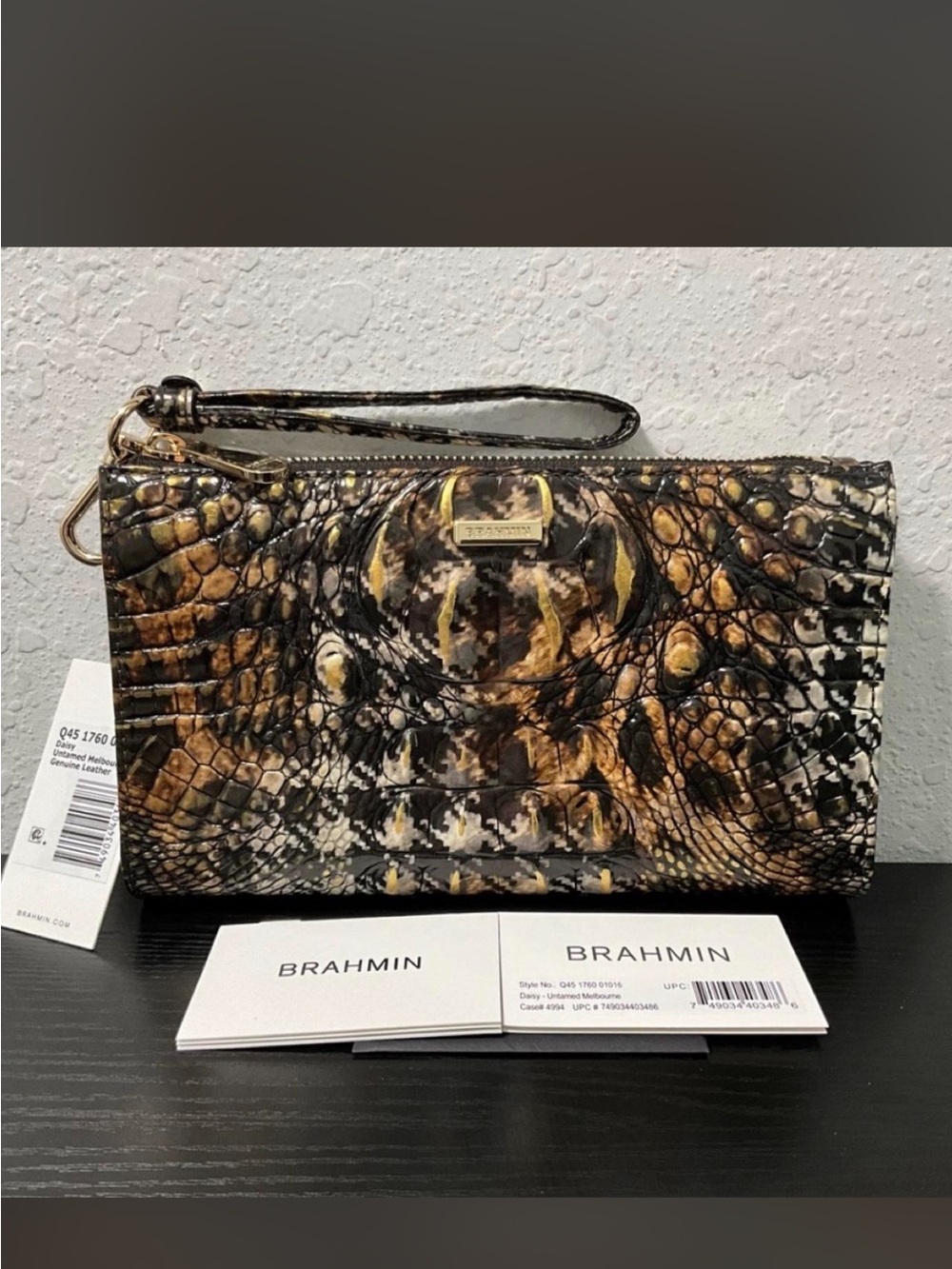 Brahmin Black and Brown Croc-Embossed Leather Wristlet